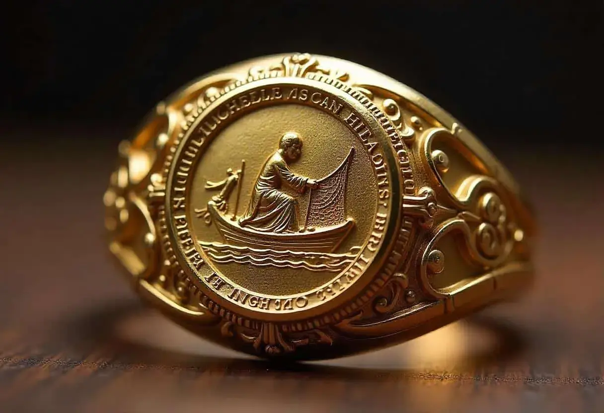 Goldener Fischerring mit Papst-Symbolik: Ein Mann fischt vom Boot aus.