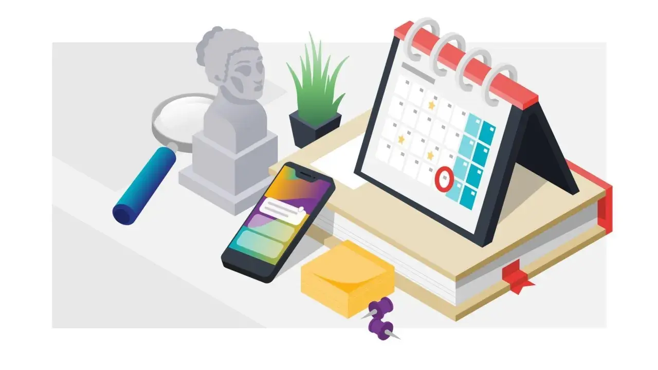 Büste, Lupe, Handy, Kalender mit markiertem Datum und Notizzettel – alles bereit für den Namenstag von Lena.