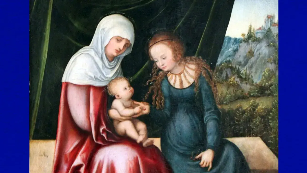 Heilige Anna mit Maria und dem Jesuskind. Maria reicht dem Kind eine Kirsche, während Anna liebevoll zusieht.