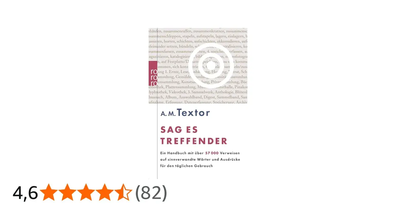 Buchcover "Sag es treffender" von A.M. Textor. Ein Handbuch mit über 57.000 Verweisen auf sinnverwandte Wörter. Wer es hat, kommt, sagt es allen weiter.