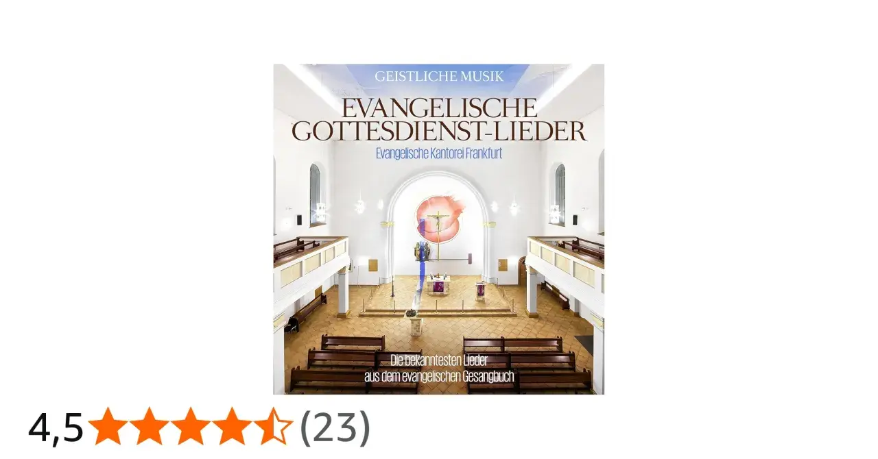 Innenansicht einer evangelischen Kirche in Frankfurt. Das Cover zeigt "Evangelische Gottesdienst-Lieder".