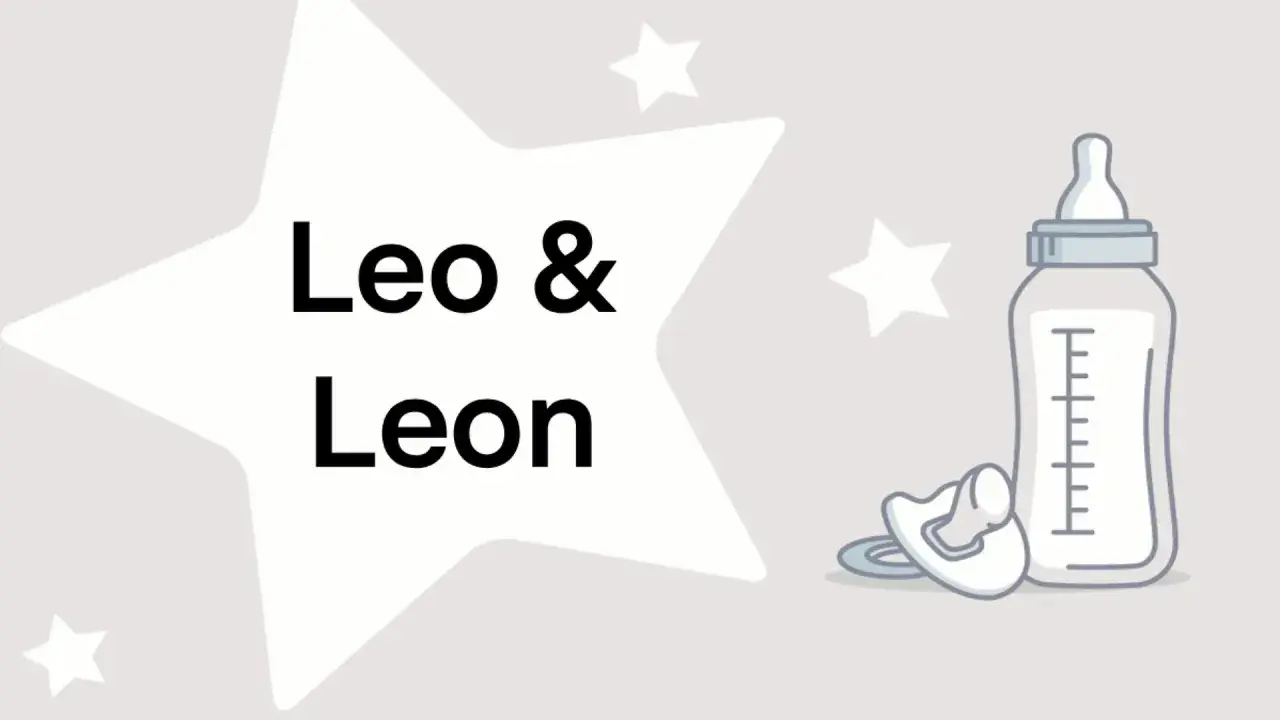 Ein Stern mit den Namen Leo & Leon, daneben eine Babyflasche und ein Schnuller. Was bedeutet Leo? Ein starker Name für einen kleinen Löwen.
