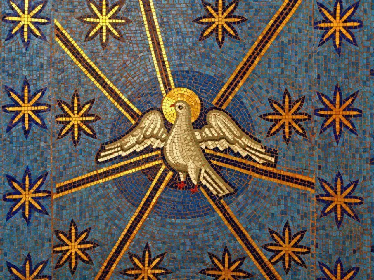Taube mit Heiligenschein und Strahlenkranz, umgeben von Sternen. Ein Symbol für Gaudium et Spes.
