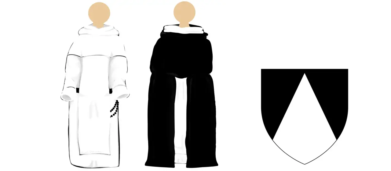 Zwei Mönchsgewänder, ein weißer und ein schwarzer, sowie ein Wappen. Das weiße Gewand hat eine Perlenkette. Diese habit kleidung ist historisch.