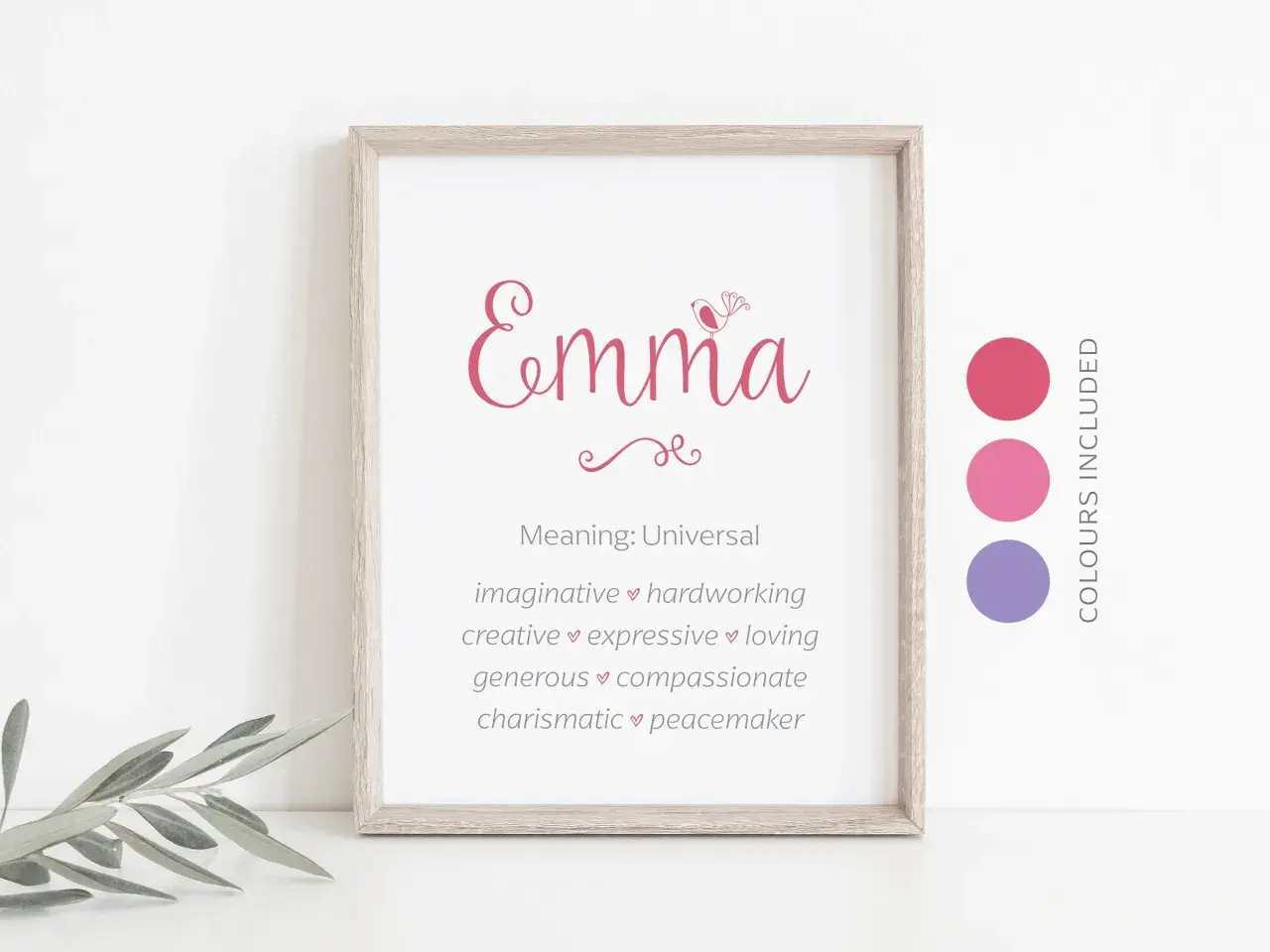 Gerahmtes Bild mit dem Namen "Emma" und positiven Eigenschaften. Perfekt für den Emma Namenstag!