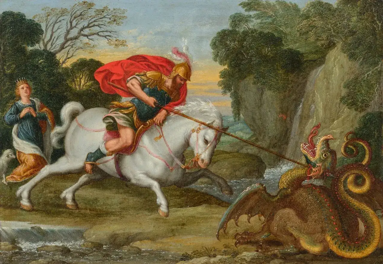 Der heilige Georg auf einem weißen Pferd sticht mit seiner Lanze auf einen grünen Drachen ein. Eine Prinzessin und ein Lamm stehen im Hintergrund.