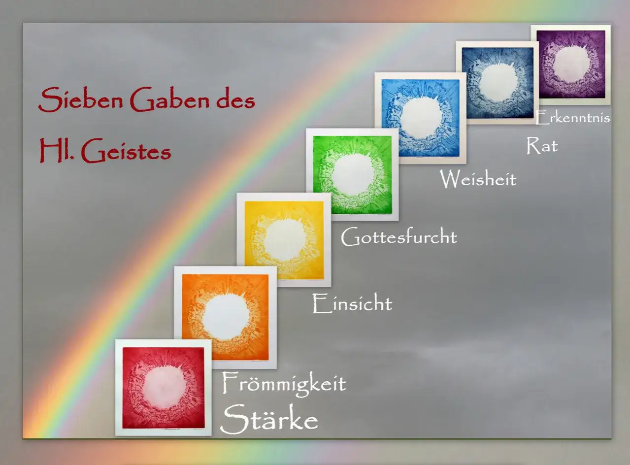 Die sieben Gaben des Heiligen Geistes als bunte Kreise, die wie eine Treppe aufsteigen, mit einem Regenbogen im Hintergrund.