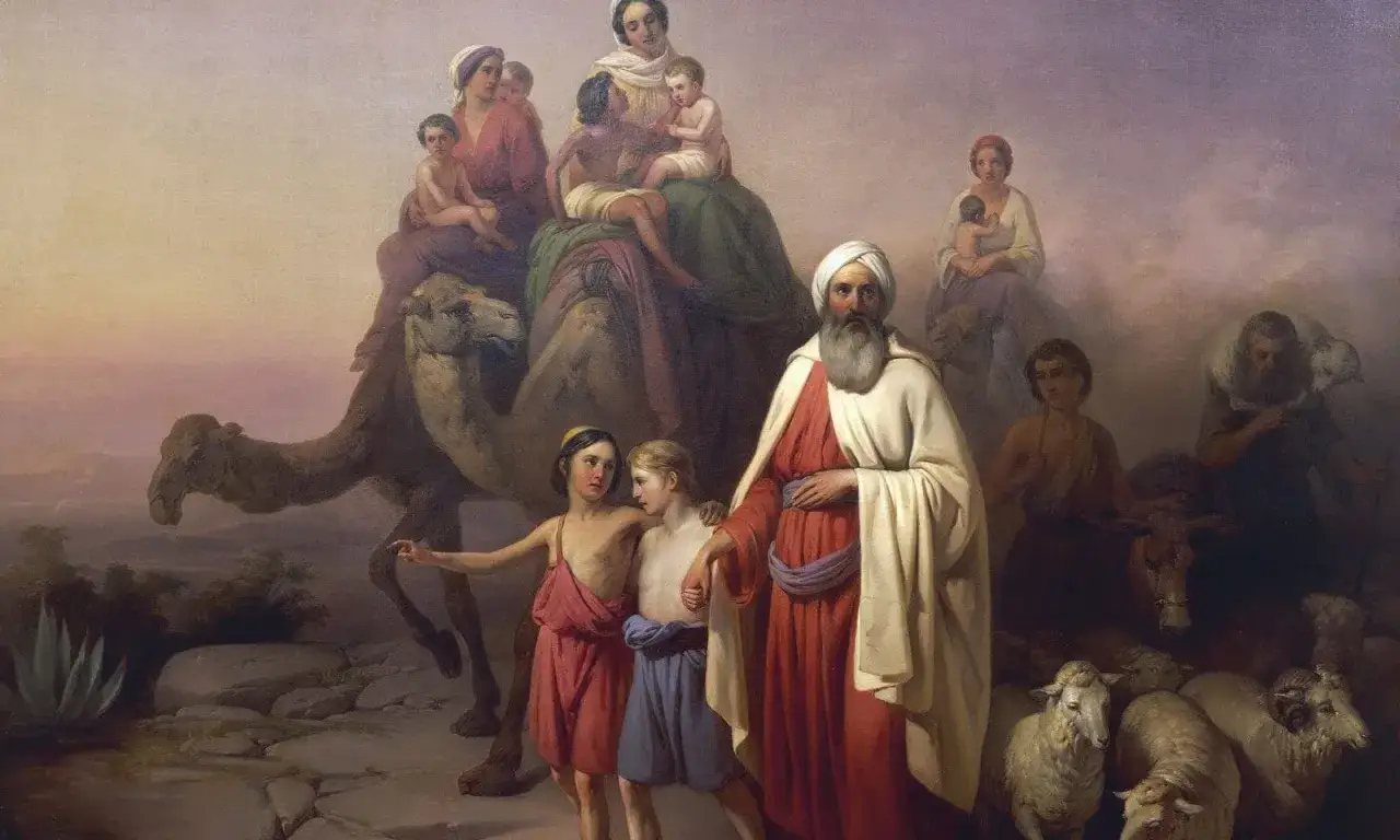 Ein biblischer Patriarch f&uuml;hrt seine Familie und Herde durch die W&uuml;ste. Frauen und Kinder reiten auf Kamelen, w&auml;hrend Schafe und Rinder folgen.