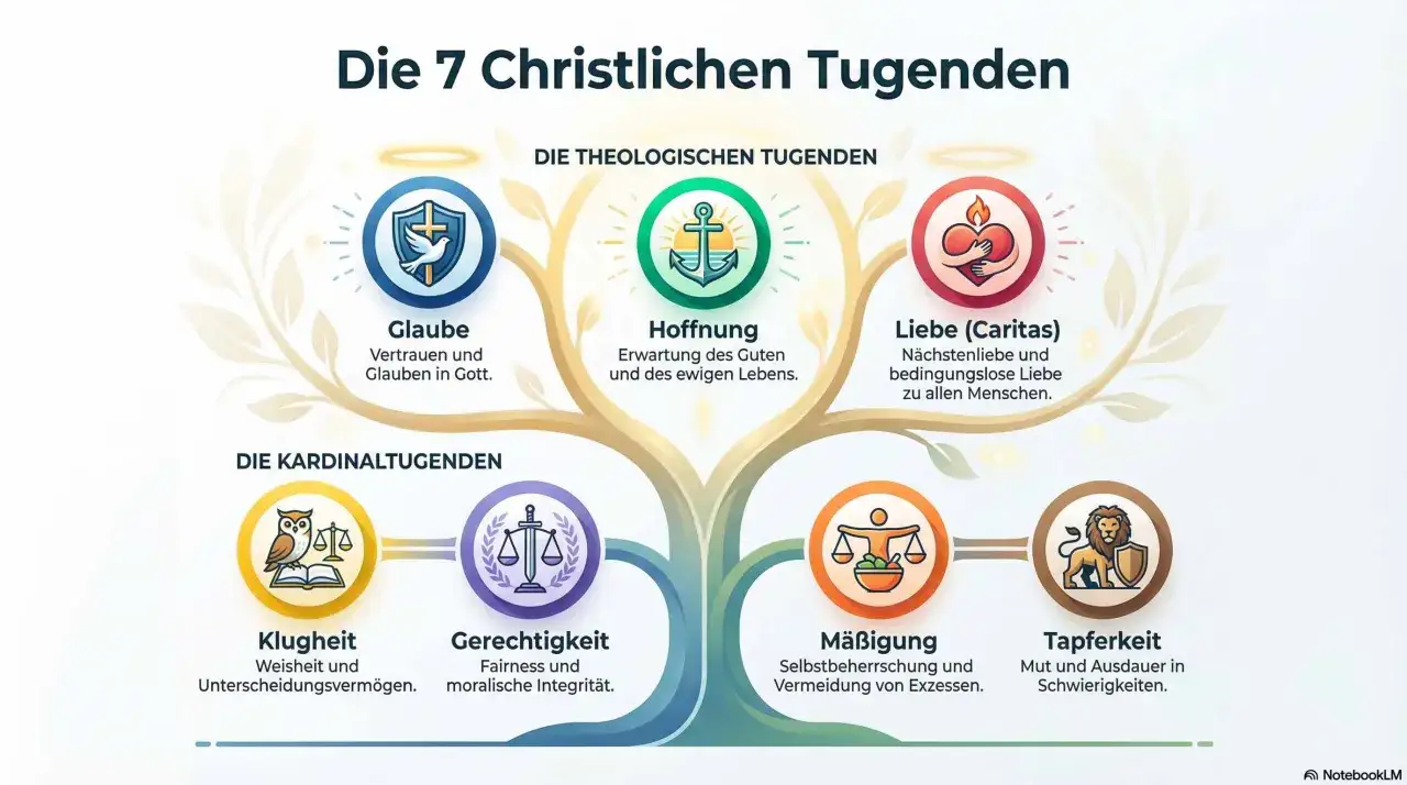 Die 7 Christlichen Tugenden: Glaube, Hoffnung, Liebe (theologisch) sowie Klugheit, Gerechtigkeit, M&auml;&szlig;igung und Tapferkeit (kardinal).