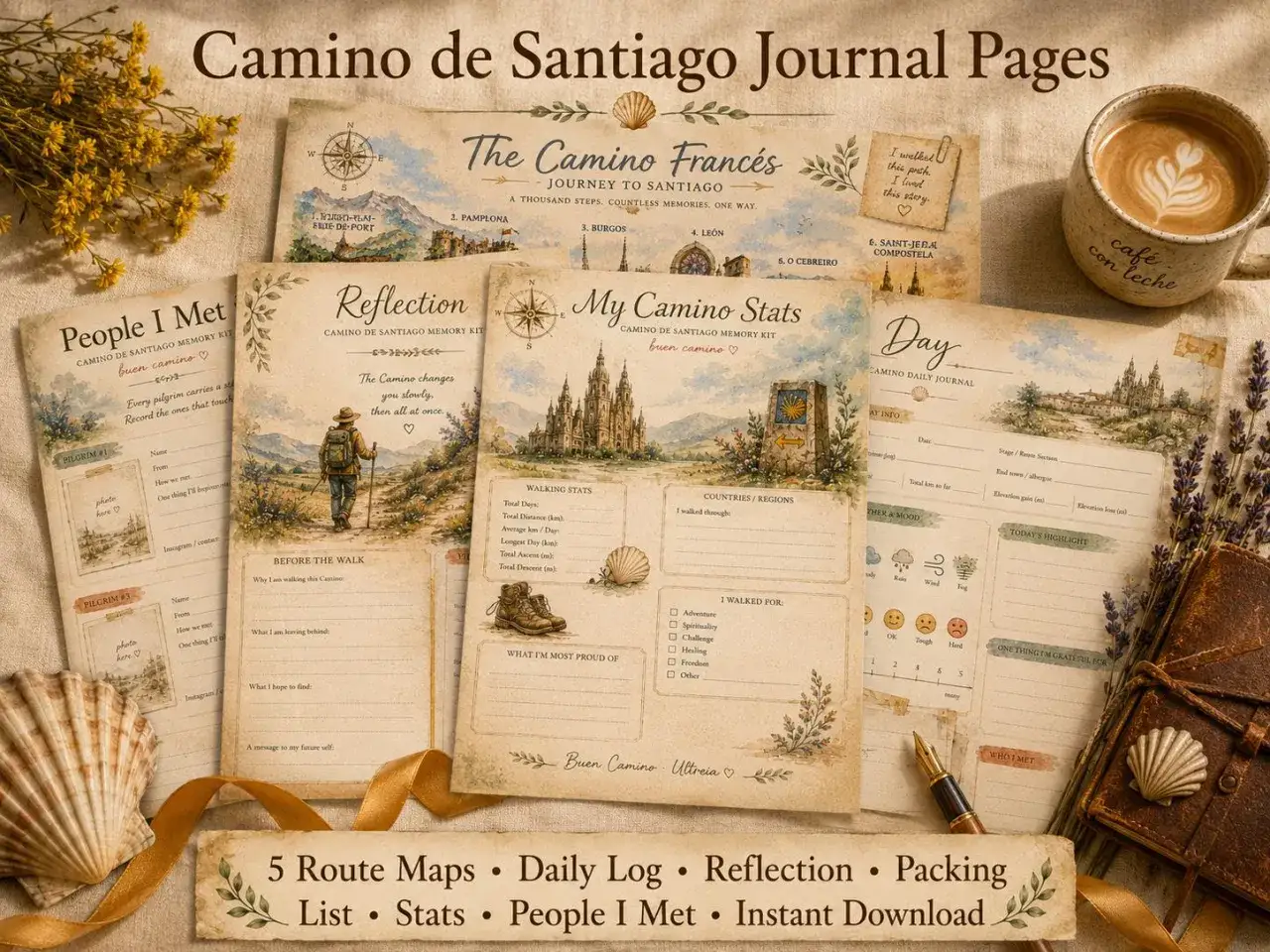 Journalseiten f&uuml;r den Camino de Santiago: Meditationstexte unterwegs sein, mit Karten, Statistiken und Platz f&uuml;r Reflexionen.