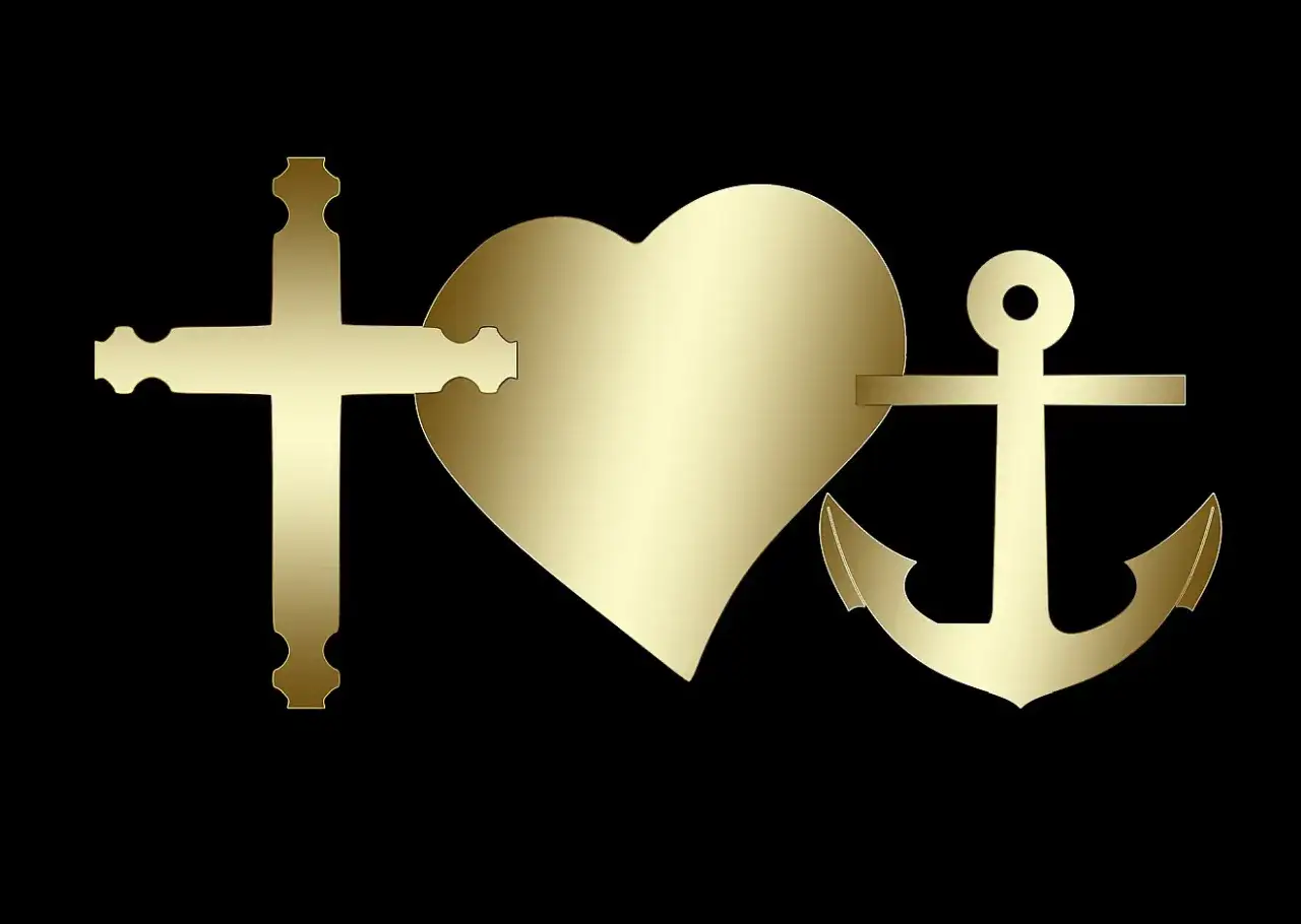 Goldene Symbole: Kreuz, Herz, Anker. Sie stehen f&uuml;r Glauben, Liebe und Hoffnung, die uns auch in Zeiten von gott und das leid Halt geben.