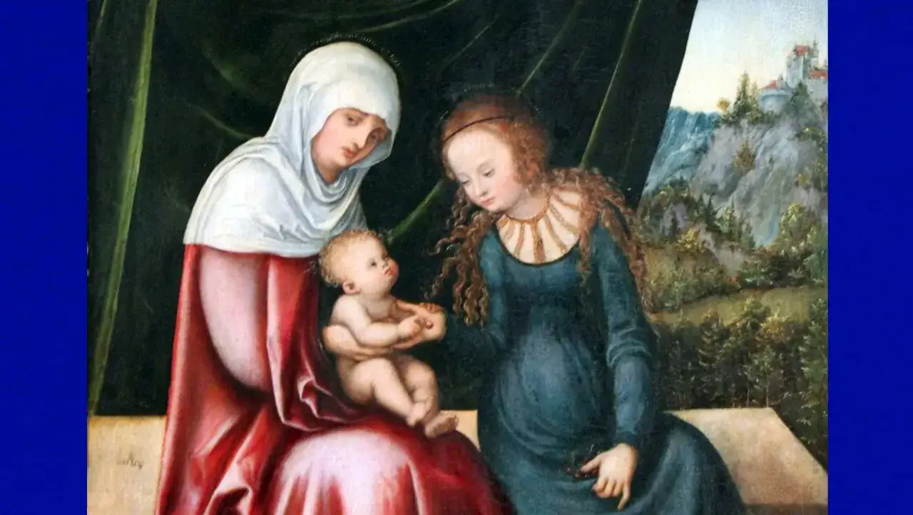 Heilige Anna mit Maria und dem Jesuskind. Maria reicht dem Kind eine Kirsche, w&auml;hrend Anna zuschaut.