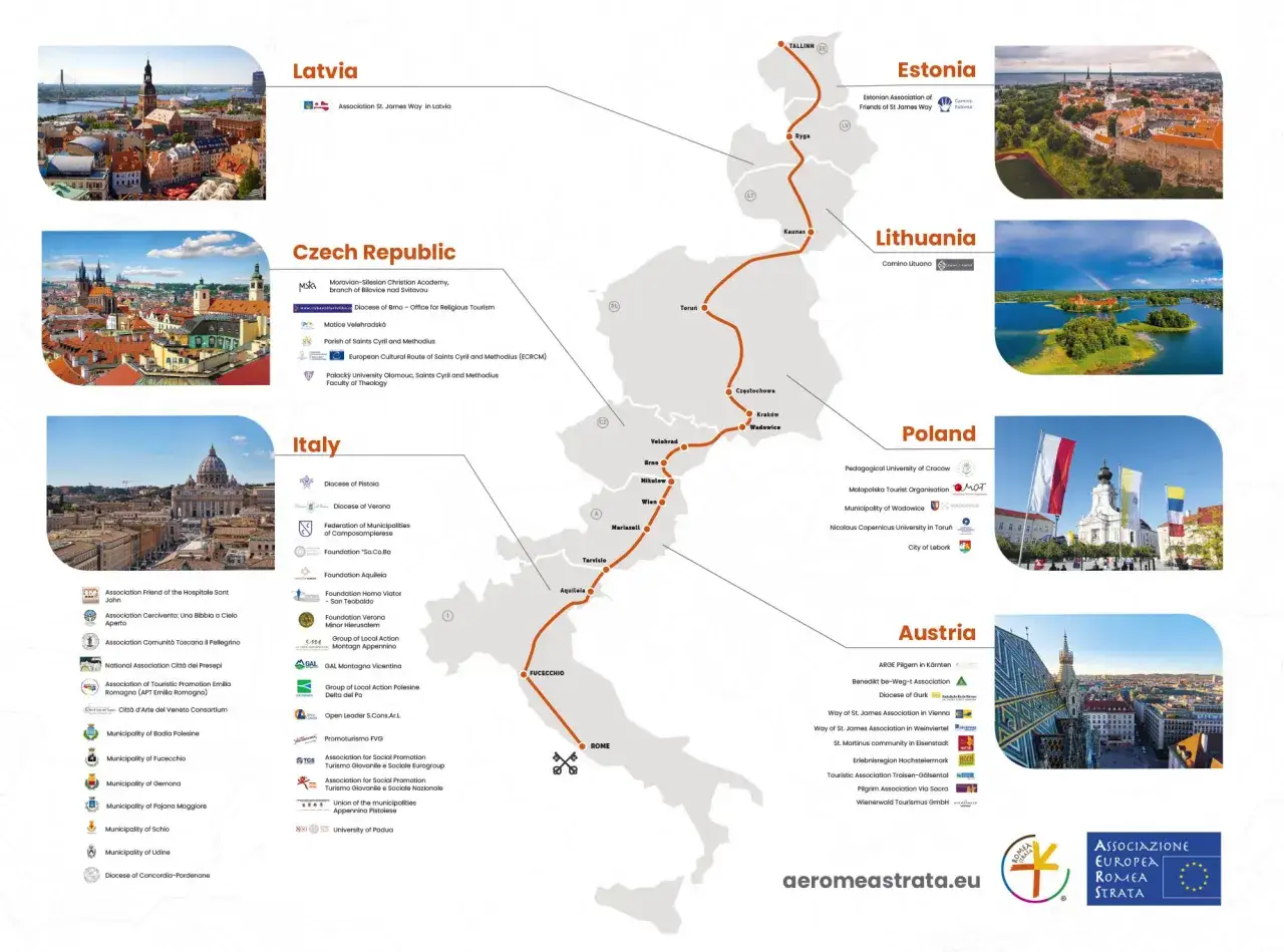Die Karte zeigt die Via Romea Germanica Etappen von Tallinn bis Rom, mit Bildern aus Lettland, Estland, Litauen, Polen, Tschechien, &Ouml;sterreich und Italien.