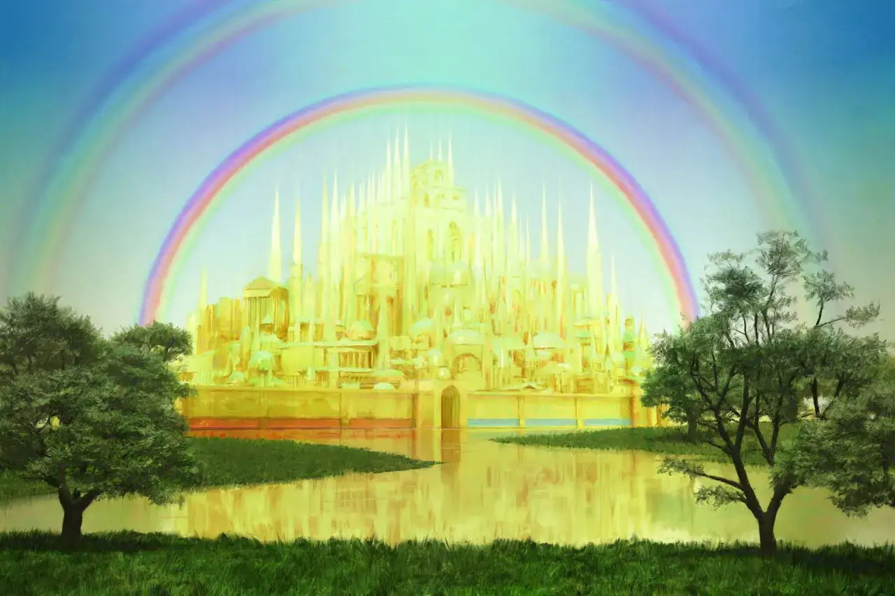 Ein goldenes Himmelreich mit T&uuml;rmen und B&ouml;gen, umrahmt von einem doppelten Regenbogen. So sieht der Himmel aus, wenn er in voller Pracht erstrahlt.