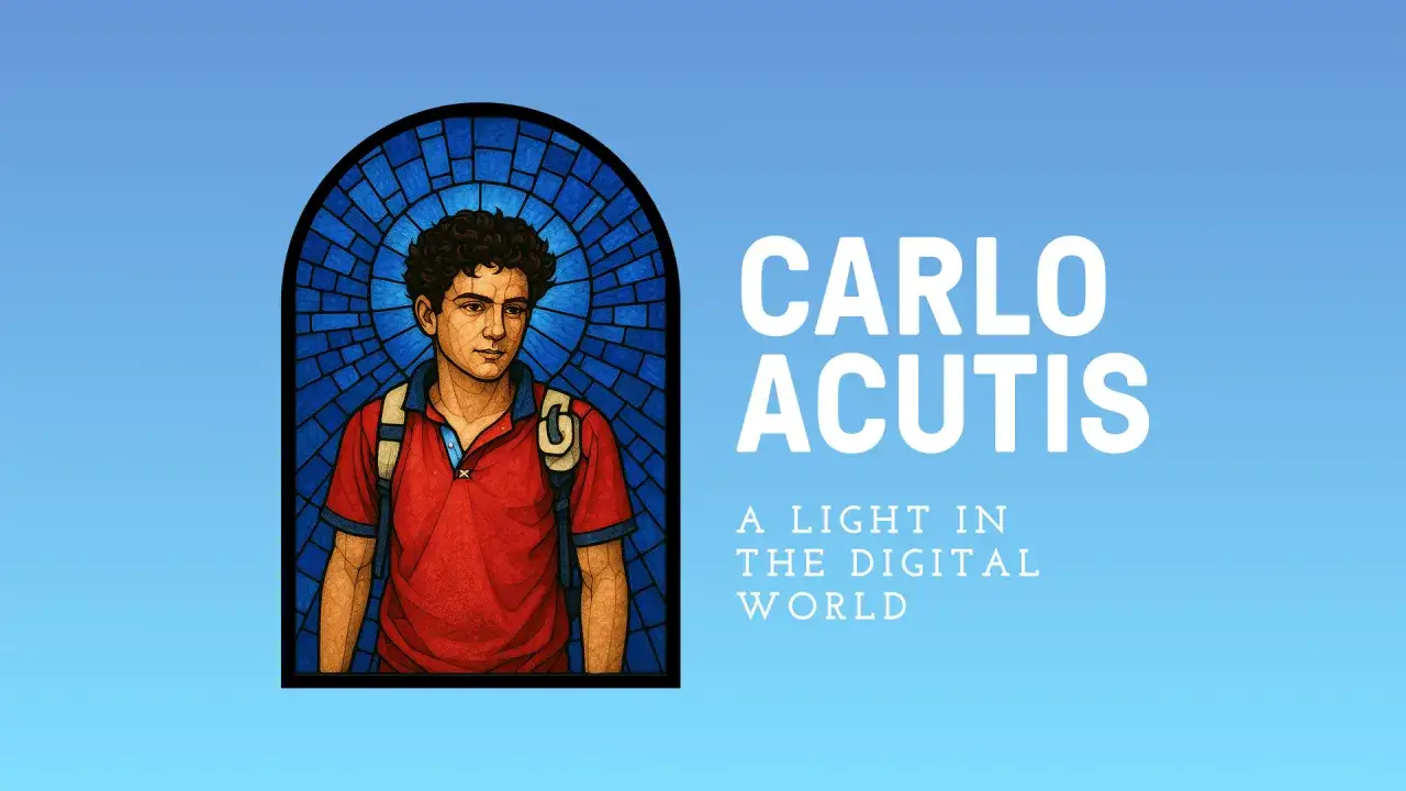 Carlo Acutis, ein junger Mann im Stil eines Buntglasfensters, strahlt als Licht in der digitalen Welt.